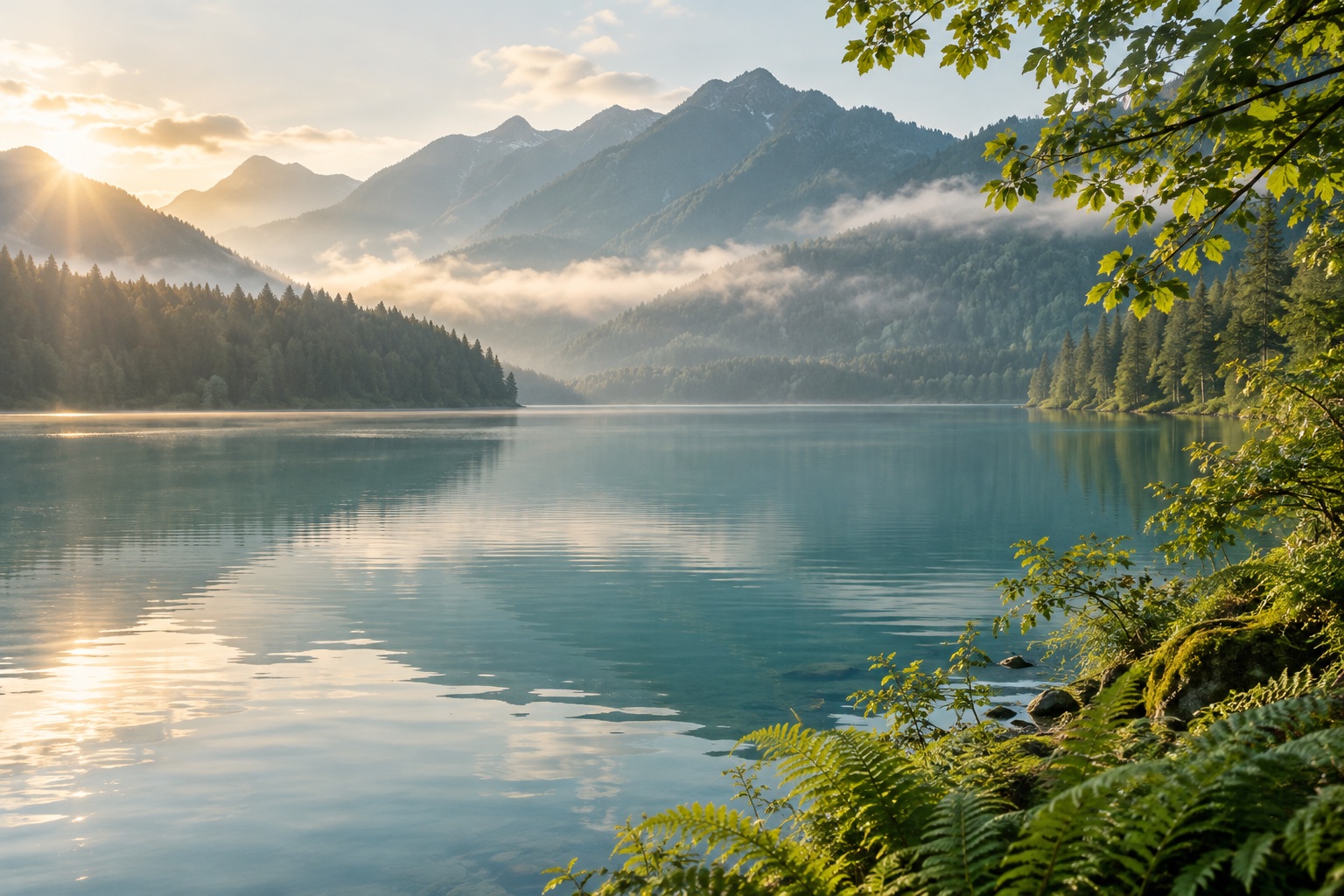 Morning light over a tranquil blue-green lake framed by forest and ferns